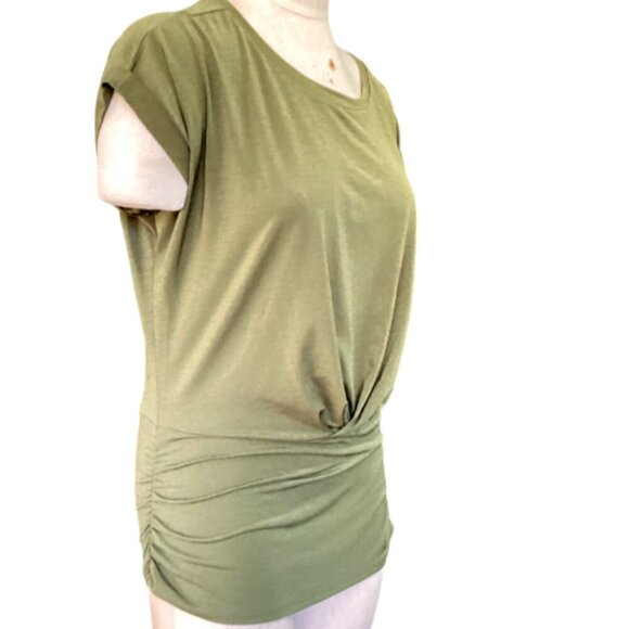 Cato Ruched Drop Waist Dolman Sleeve Tee Top Sz M Green #115P - Picture 3 of 8